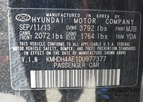 2013 Hyundai Elantra Gls from USA, damaged, VIN KMHDH4AE1DU977377